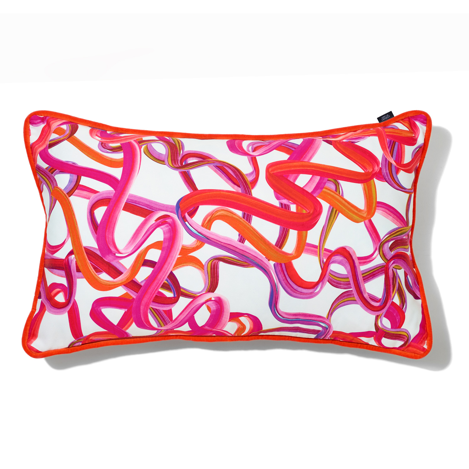 coussin rubans en coton blanc et rose