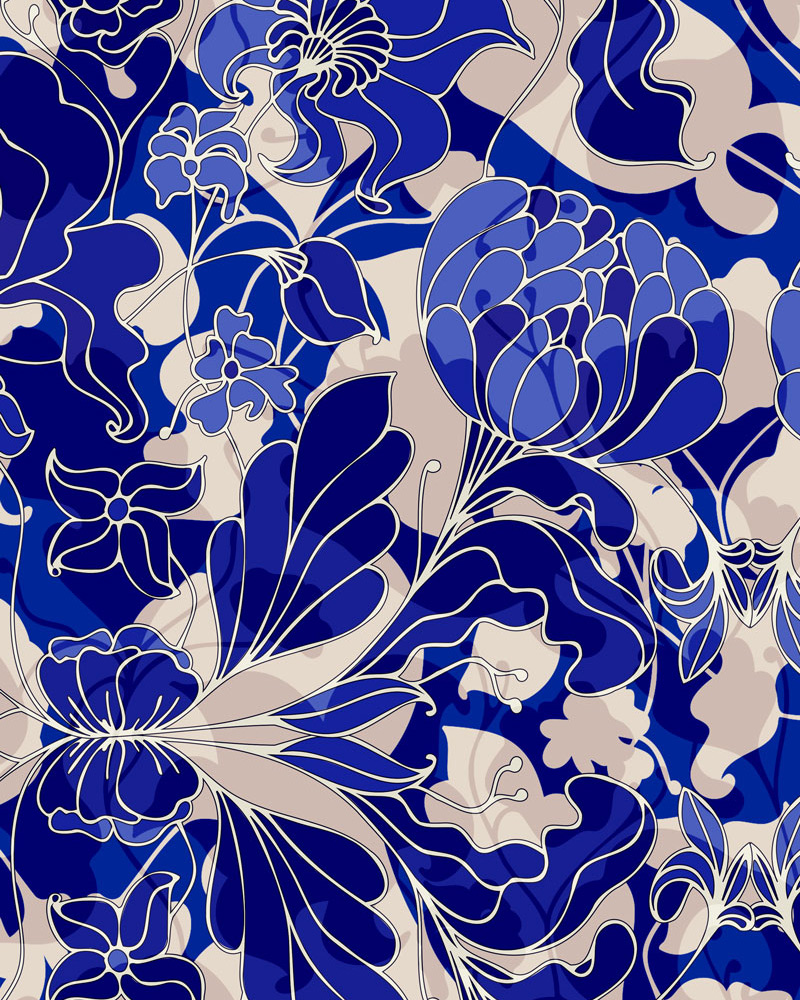 Collection Au Jardin coloris Bleu sur tissu d'ameublement